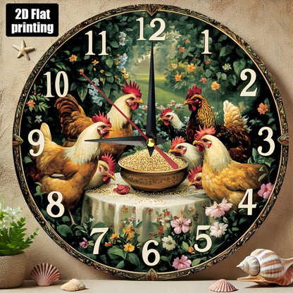 Farmhouse Chicken Rooster Wall Clock - Silent Non-Ticking Round Farm Decor with Golden Hands, Rustic Kitchen, Living Room, Bedroom Decoration - Easy-to-Read Large Numbers - Battery Operated (AA Not Included) - Durable Artific