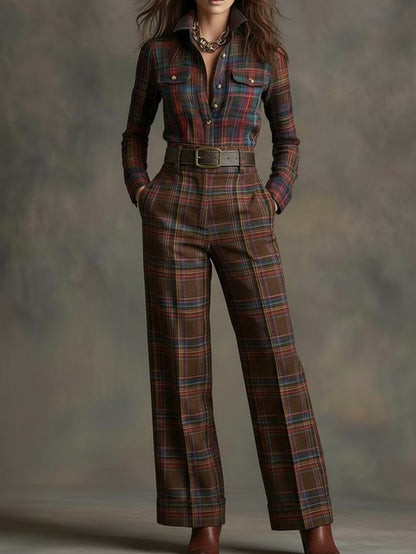 2pcs Set: Vintage Plaid Shirt + Wide-Leg Pants | American Western Retro Style, Suitable for Daily Commuting, Outdoor Leisure Occasions, and Fall/Winter Seasons