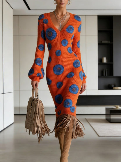Cross-border New Autumn And Winter Sweater Dress, Floral Flower Printing, Sexy V-neck Long-sleeved Design, Fringed Hem Embellishment, Warm And Thin Temperament Commuter Bottom Dress