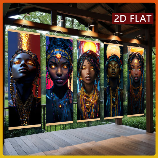 5pcs African Woman Wall Art Set - Vertical Framed Cultural Panel Paintings with Braided Hair & Traditional Attire, Modern/Classic/Art Deco Canvas Decor for Living Room, Bedroom, Office - African Heritage Gallery Artwork