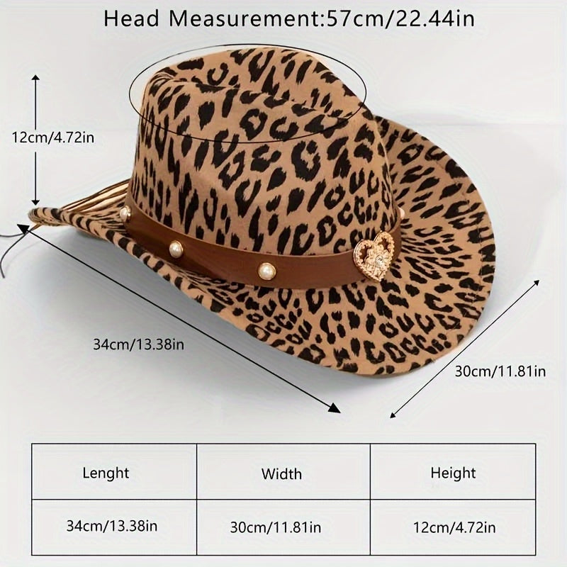 2pcs Leopard Print Western Cowboy Hats with Detachable Heart-Shaped Decorative Bands, Felt Material, Animal Print Design, Lightweight & Durable for Outdoor Use, Cowboy Accessories