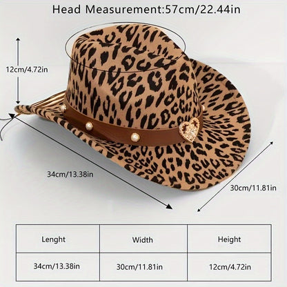 2pcs Leopard Print Western Cowboy Hats with Detachable Heart-Shaped Decorative Bands, Felt Material, Animal Print Design, Lightweight & Durable for Outdoor Use, Cowboy Accessories