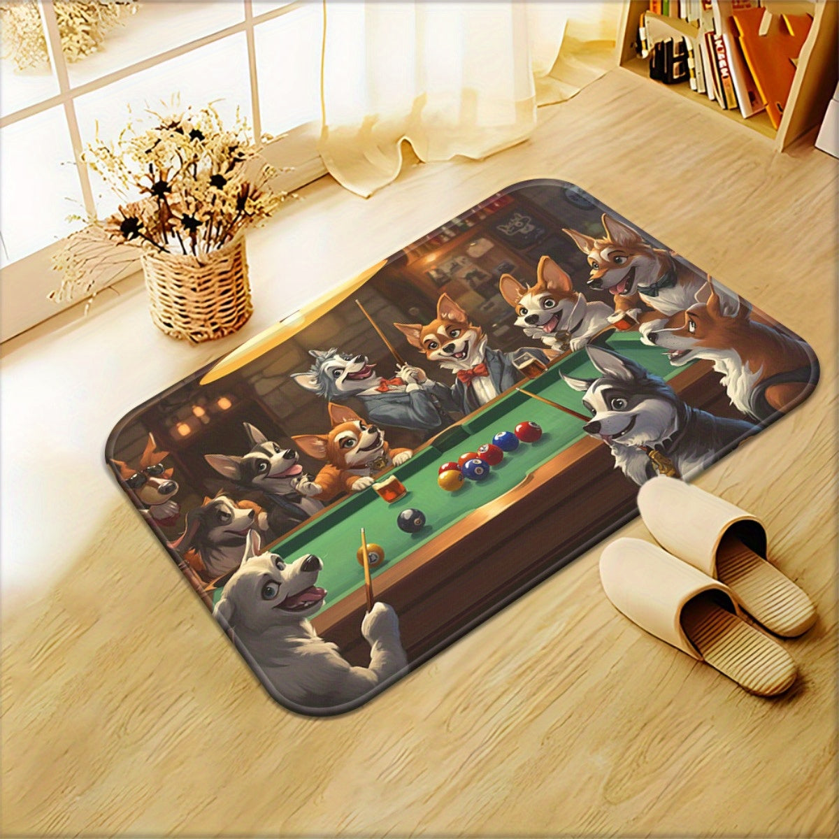 1pc Playful Dogs Playing Billiards Door Mat - Absorbent Microfiber Polyester, Machine Washable Indoor Rug for Bathroom, Bedroom, Living Room Entrance, Bathroom Floor