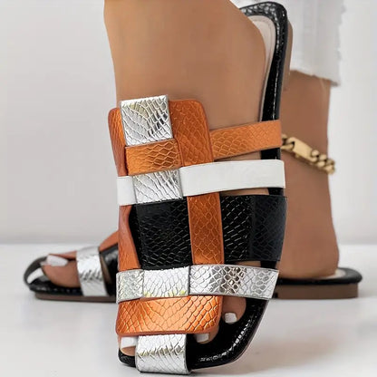 Women'S Slip-On Square Toe Sandals - Slip-Resistant Rubber Sole, Cushioned Insole - All-Season Beach, Casual, Party Shoes - Black/Orange/White Colorway - Synthetic Cover Upper - Everyday & Formal Events Footwear, Beach Wear,