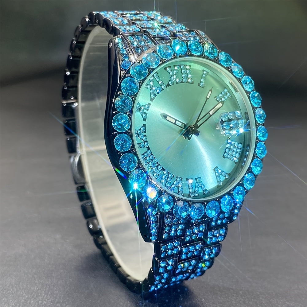 Ice Rhinestone Fashion Couple Watch Ice Blue Artificial Diamond Calendar Quartz Men'S Watch Party Women'S Watch Gift