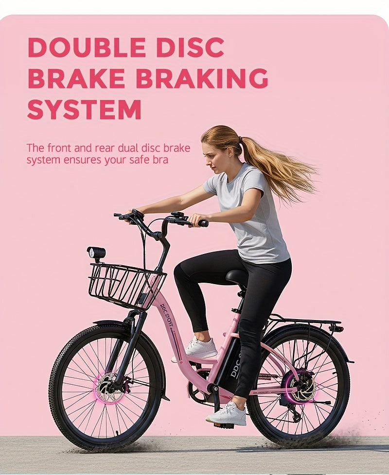 Sakura Pink Electric Bike for Adults, 500W Motor 7-Speed Commuter Ebike with 36V/10.4Ah Removable Battery, 20 MPH & 25-40 Miles Range, 24 Inch Electric Bike, Beach Cruiser Ebike for Women, Students & Commuters, Electric Bike
