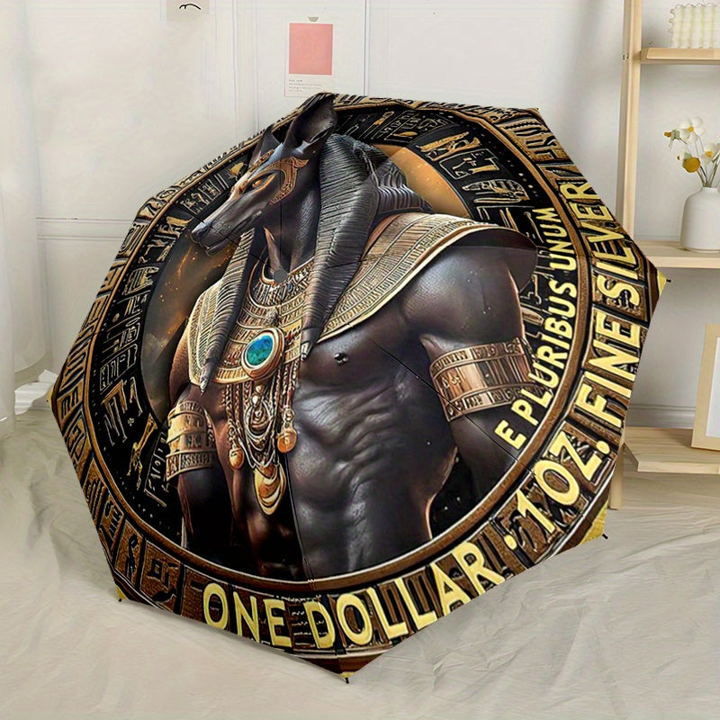 1pc Egyptian Anubis God Design Automatic Folding Umbrella - Lightweight, Retractable, 8-Rib Compact Travel Umbrella with Intricate Egyptian Mythology Artwork, Perfect for Outdoor Adventures & Festive Gifts, Outdoor Umbrella,