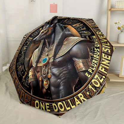 1pc Egyptian Anubis God Design Automatic Folding Umbrella - Lightweight, Retractable, 8-Rib Compact Travel Umbrella with Intricate Egyptian Mythology Artwork, Perfect for Outdoor Adventures & Festive Gifts, Outdoor Umbrella,