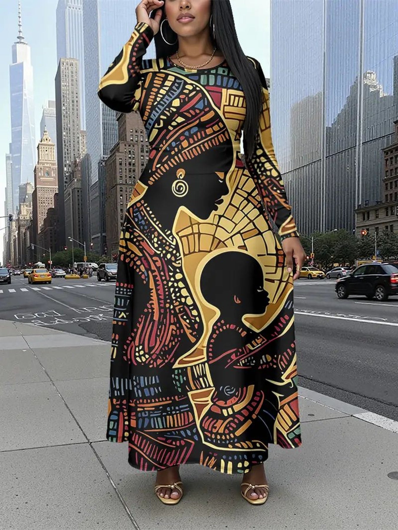 Plus Size, Women's Plus Size African Tribal Print Maxi Dress - Elegant Floor-Length Long Sleeve Maxi with Cinching Waist, Vibrant African Patterns in Black/Orange/Red/Blue, Machine Washable Formal & Everyday Maxi Dress for Pa