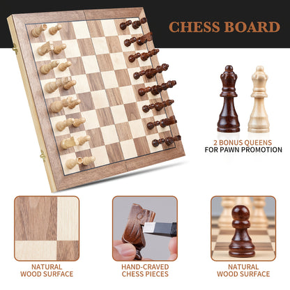 15 Inches Magnetic Chess Set for Adult, Wooden Folding Chess Board Game ForTournament with HandmadePieces Including 2 Extra Queen Professional Beginner Ideal Birthday&Christmas Gift for Friends Family