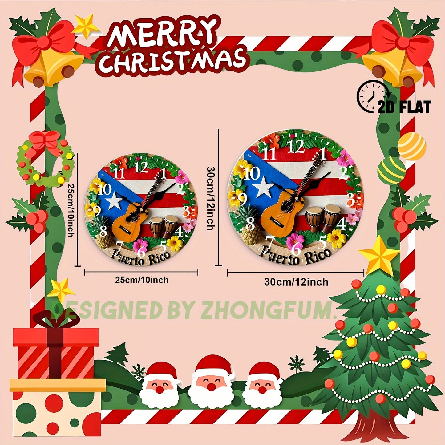 Wall Clock Decoration, Guitar, Drums, Pineapple, Flowers 2D FLAT Pattern Wood Silent Non-Ticking Bedroom Clock, Nursery Wall Clock for Schools, Homes, Christmas Holiday Decoration, Clear Visibility Timepiece 10Inch/12Inch, 2D