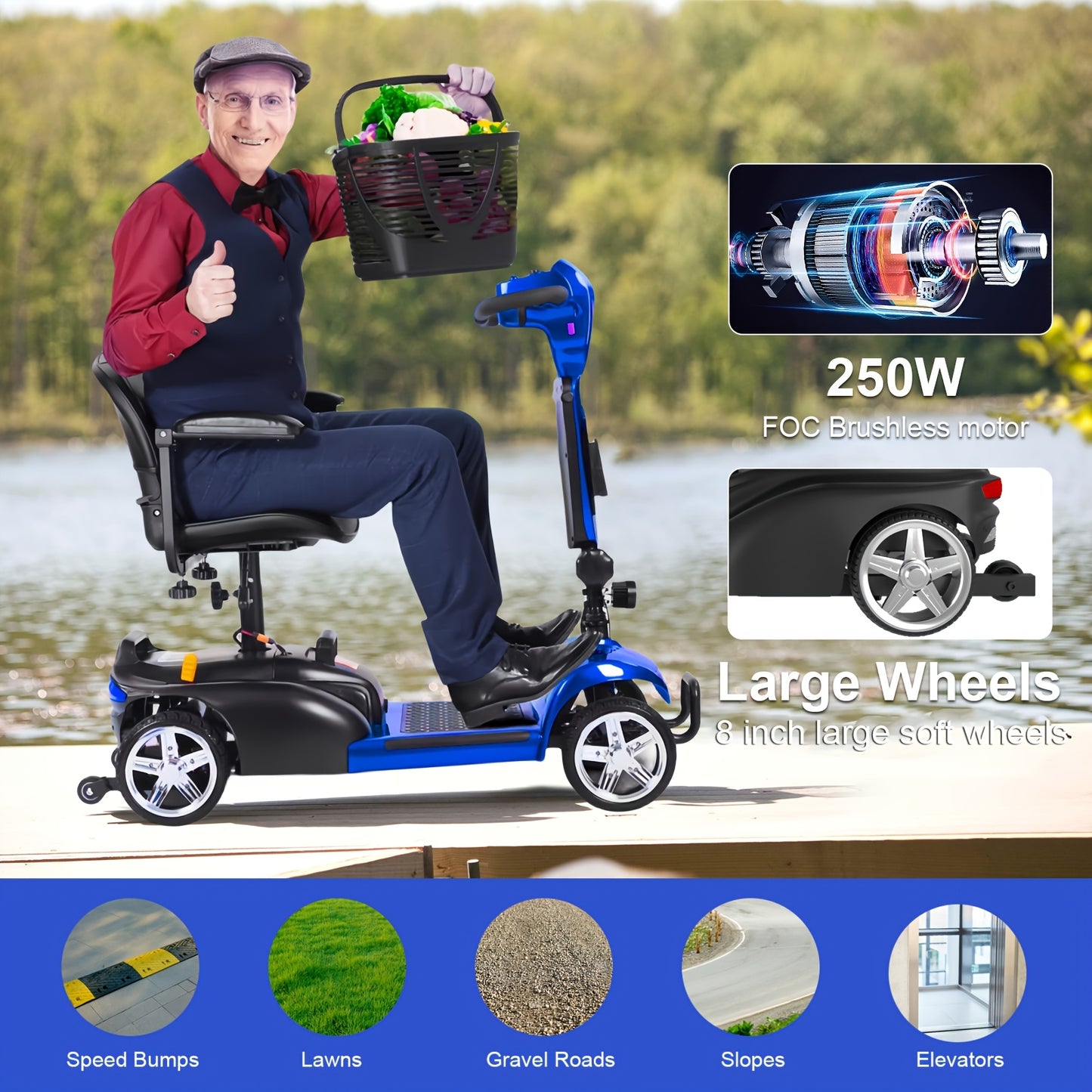 Foldable Electric Mobility Scooter for Adults, All-Terrain Scooter with Basket & Cup Holder, LED Headlight/Horn - 250W High-Speed Motor, 14-Mile Range, 265lbs Capacity, Portable Transport, Urban Commuting, Modern Transport, C