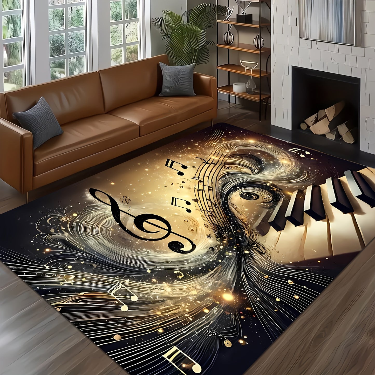 Elegant Musical Note Area Mat - Lightweight, Easy to Clean Polyester Floor Mat with Golden Treble Clef Design for Living Room, Bedroom, Dining Room, Home Office, Bathroom Decor - Perfect Gift for Music Lovers, Music Room Deco