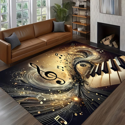 Elegant Musical Note Area Mat - Lightweight, Easy to Clean Polyester Floor Mat with Golden Treble Clef Design for Living Room, Bedroom, Dining Room, Home Office, Bathroom Decor - Perfect Gift for Music Lovers, Music Room Deco