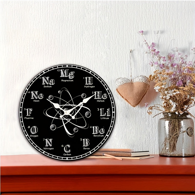 1pc Round Clock, Chemical Symbol Creative Wall Clock, Periodic Table Blackboard Chemistry Teacher Clock, Silent Quartz Round Wooden Clock, Suitable for Bedroom Living Room Office Kitchen Bathroom, Battery Powered (Battery Not