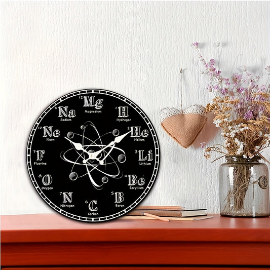 1pc Round Clock, Chemical Symbol Creative Wall Clock, Periodic Table Blackboard Chemistry Teacher Clock, Silent Quartz Round Wooden Clock, Suitable for Bedroom Living Room Office Kitchen Bathroom, Battery Powered (Battery Not