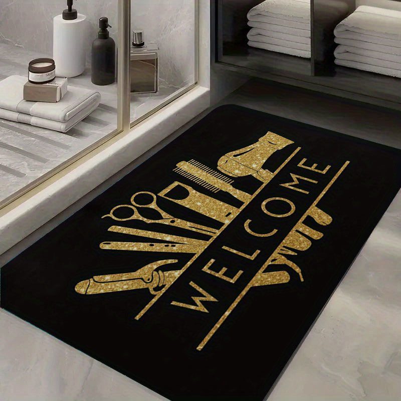 1pc Salon Barber Shop Mat - Anti-Slip Bathroom with Golden Hair Tools Design (Scissors, Comb, Boots), Extra Large Non-Slip Door Mat for Salon, Bathroom, Entryway - Machine Washable Heavy-Duty Rubber Base - Ideal Gift for Hair