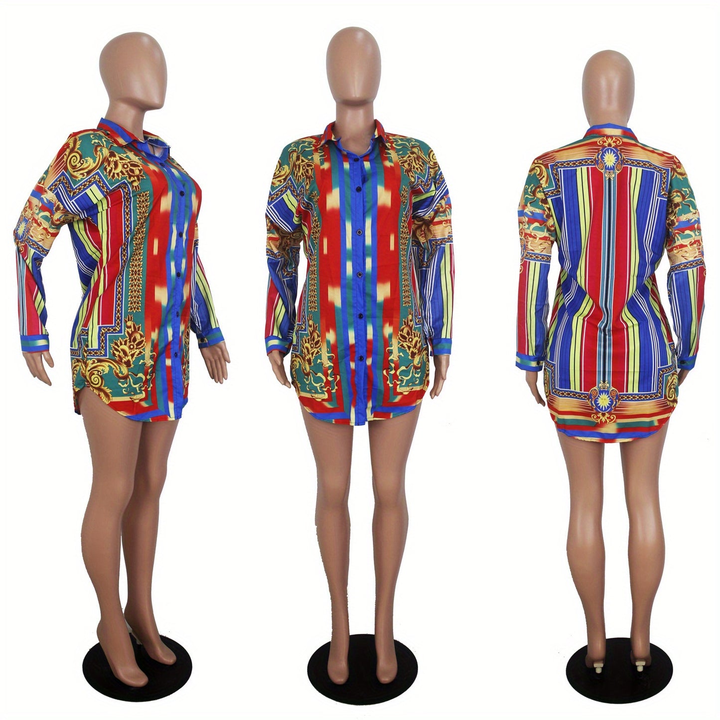 Ladies' Casual Shirt Dress with Colorful Striped Long Sleeved Shirt Dress