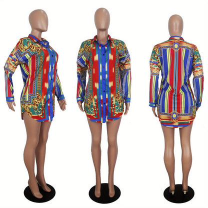Ladies' Casual Shirt Dress with Colorful Striped Long Sleeved Shirt Dress