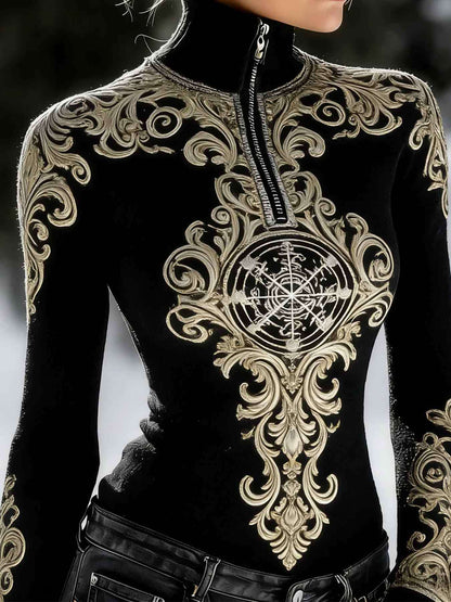 This Is a Women'S Half-Zip Turtleneck Sweatshirt Featuring a Printed Design Rather Than a Textured One. It Showcases an Ethnic Retro Style with Intricate Decorative Elements