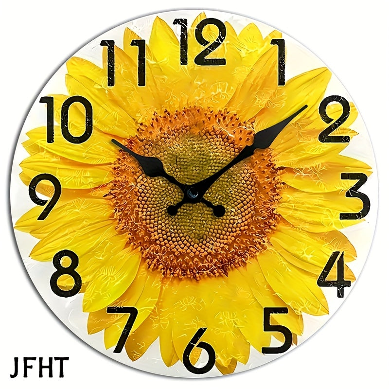 JFHT Large Sunflower Wall Clock - Silent Non-Ticking Modern Farmhouse Decor with Black Hands & Yellow Face, Easy-to-Read Large Numerals, Wood Round Clock for Living Room, Kitchen, Bedroom - (AA Battery Not Included) - Vibrant
