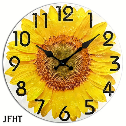 JFHT Large Sunflower Wall Clock - Silent Non-Ticking Modern Farmhouse Decor with Black Hands & Yellow Face, Easy-to-Read Large Numerals, Wood Round Clock for Living Room, Kitchen, Bedroom - (AA Battery Not Included) - Vibrant