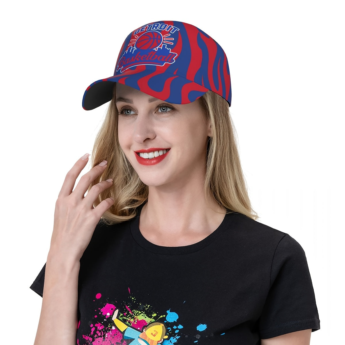 Detroit-Themed Snapback Baseball Cap with Red-Blue Flame Print - Lightweight Breathable Curved-Brim Hat Suitable for Basketball Fans, Events & Casual Wear, All- Cap for Motor City
