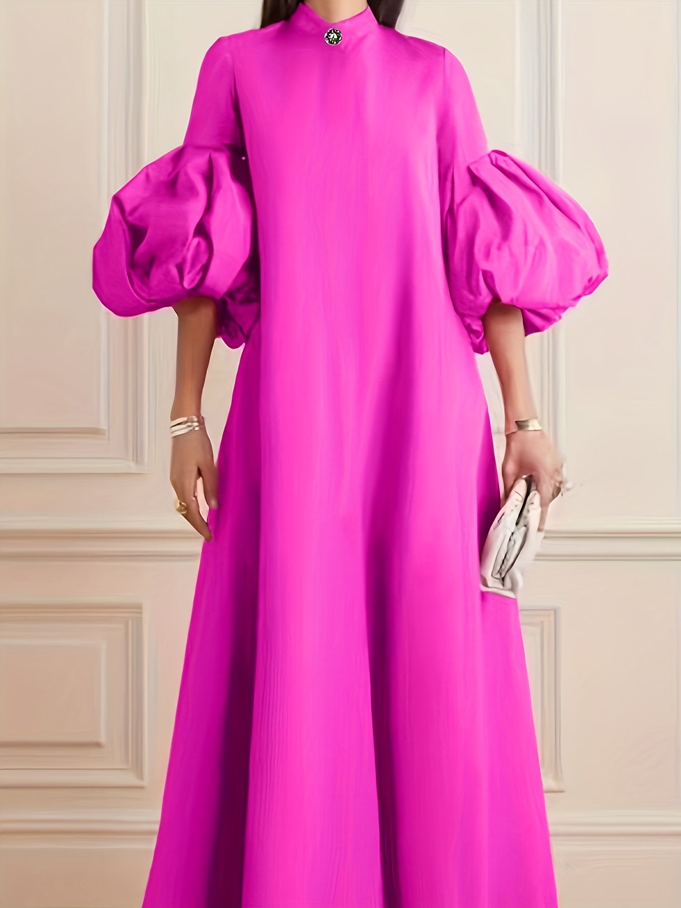 Women's Elegant A-Line Dress with Lantern Sleeves - High Neck Sleeve Solid Color Machine Washable Spring Summer Fall Casual & Formal Wear, Maxi Dress with Sleeves, Seasonal Wardrobe, Lightweight Material, Stylish Women