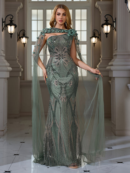 Elegant Sequined Beaded Embroidered Lace - Bodycon Mermaid Dress - with 3D Flower Applique | Crew Neck - Extra-long Train - Suitable for Parties, Weddings, and Banquets