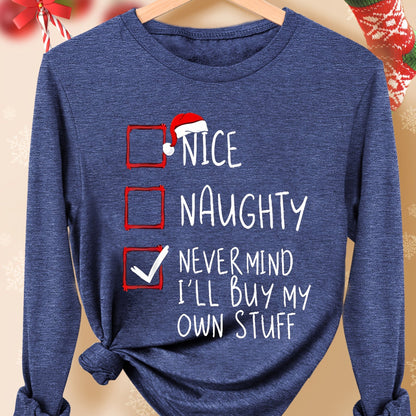 [Holiday Santa Shirt] Women's Funny Naughty Christmas T-Shirt - "Naughty Checklist" Long Sleeve Casual Top with Santa Hat & Candy Cane Print, Soft Stretch Round Neck Holiday Party Outfit (Purple, S-XXL) - Machine Washable All