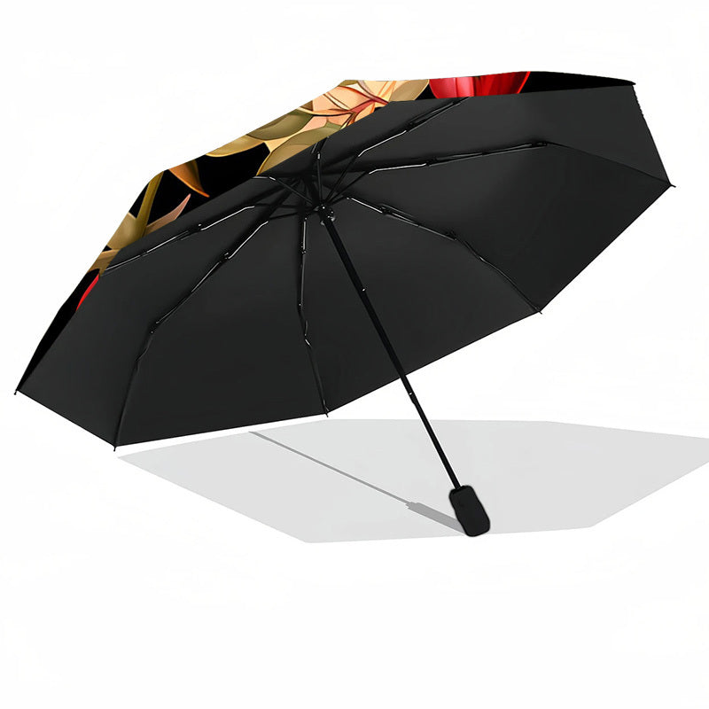 Automatic Open/Close Umbrella with One-Touch Button - Burgundy Rose & Black Automatic Folding/Unfolding Umbrella for Men & Women, 8-Rib Windproof Compact Travel Umbrella with Red/Golden/Green Floral Design, Portable for Commu