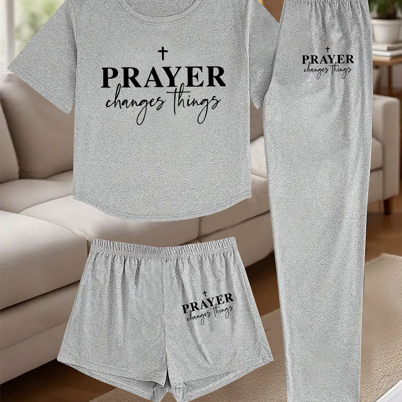3pcs Women's Pajama Set - Faith Prayer Theme Sleepwear with Verse Print (Prayer Changes Things), Short Sleeve T-Shirt, Shorts & Lounge Pants - Breathable Pajamas for Bedtime, Church & Casual Attire - Machine Washable