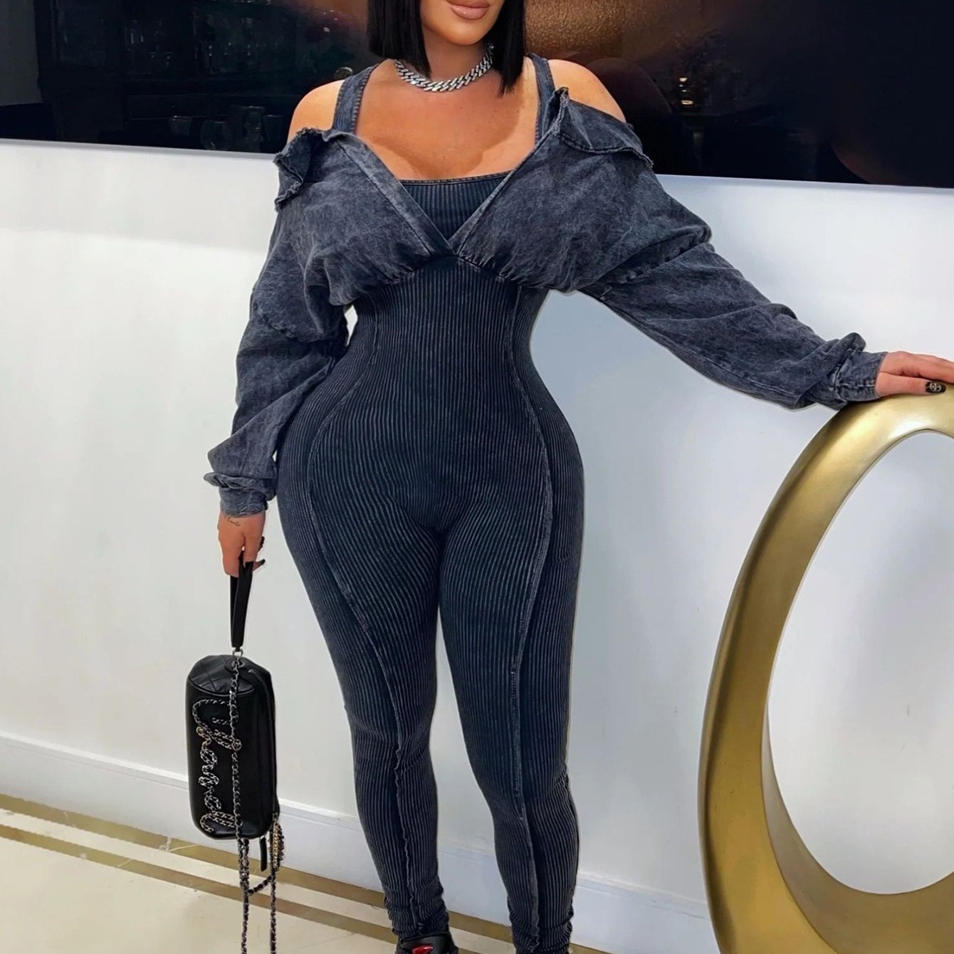 Hot Women'S V-Neck Tight-Fitting Jumpsuit Autumn And Winter New Women'S Sexy