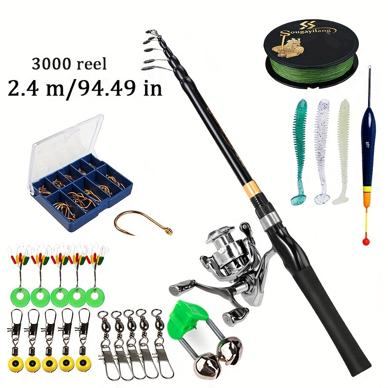SOUGAYILANG Heavy-Duty Carbon Fiber Fishing Rod & Reel Combo with 5.0:1 Gear Ratio Spinning Wheel, Medium Power Fast-Retraction Line System, Complete Lure Kit (Hooks, Beads) - All-in-One Freshwater Bass Pike Trout Fishing for