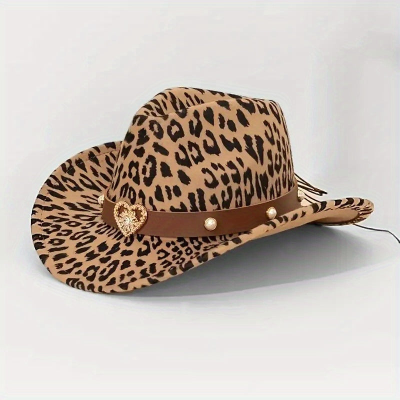2pcs Leopard Print Western Cowboy Hats with Detachable Heart-Shaped Decorative Bands, Felt Material, Animal Print Design, Lightweight & Durable for Outdoor Use, Cowboy Accessories