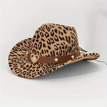 2pcs Leopard Print Western Cowboy Hats with Detachable Heart-Shaped Decorative Bands, Felt Material, Animal Print Design, Lightweight & Durable for Outdoor Use, Cowboy Accessories