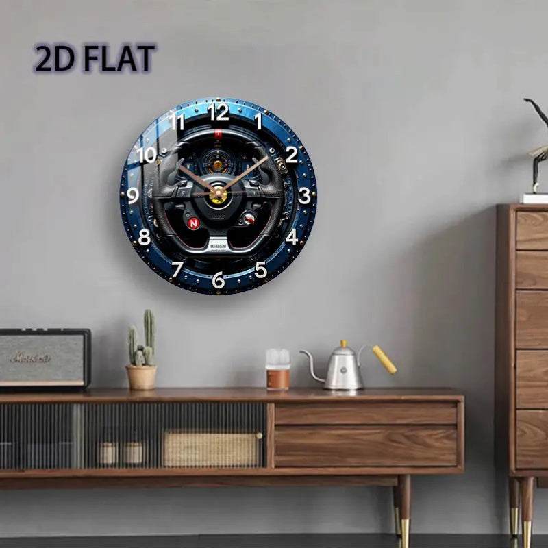 12-Inch Racing Car Steering Wheel Wall Clock - Silent Quartz Movement, Black & Yellow with Red N Emblem & Metallic Accent - Glass Round Clock for Home, Garage, Office, for Man Cave Decor - Ideal Gift for Motorsport Fans (AA B