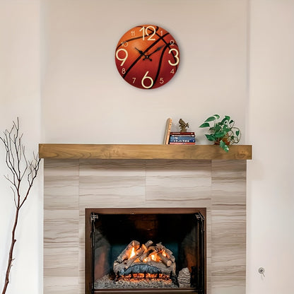 1pc Basketball-Themed Round Wall Clock with Wooden Frame, Silent & Battery-Powered (AA Battery Not Included), Ideal for Bedroom, Living Room, Office, Kitchen, or Bathroom Decor, Sports Room Accent|Basketball Design|Silent Ope