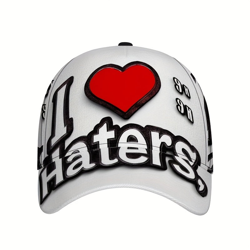 1pc I Love Haters Bold Text Print Baseball Cap | Lightweight Duckbill Hat with Adjustable Strap, Red Accent Design, Comfortable Fit for Men & Women, Casual Headwear | Trendy Duckbill Hat | Durable Headgear