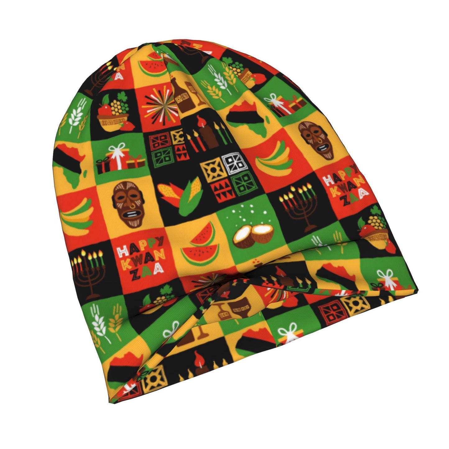 Kwanzaa-Themed Beanie Hat - African-Inspired Cultural Design with Maasai Tribe & African Masks, Soft Unisex Winter Cap for Women & Men, Birthday/Christmas Gift