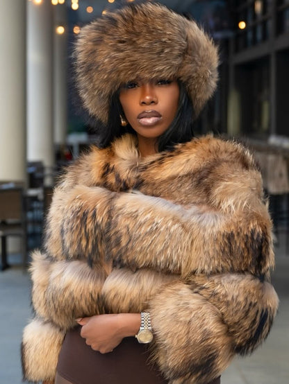 GlOURI Women's Brown Faux Fur Cropped Jacket - Luxurious Plush Oversized Vegan Coat, H-Line Short Winter Jacket for Parties, Evening Events & Streetwear | Hand Washable Non-Stretch Outerwear
