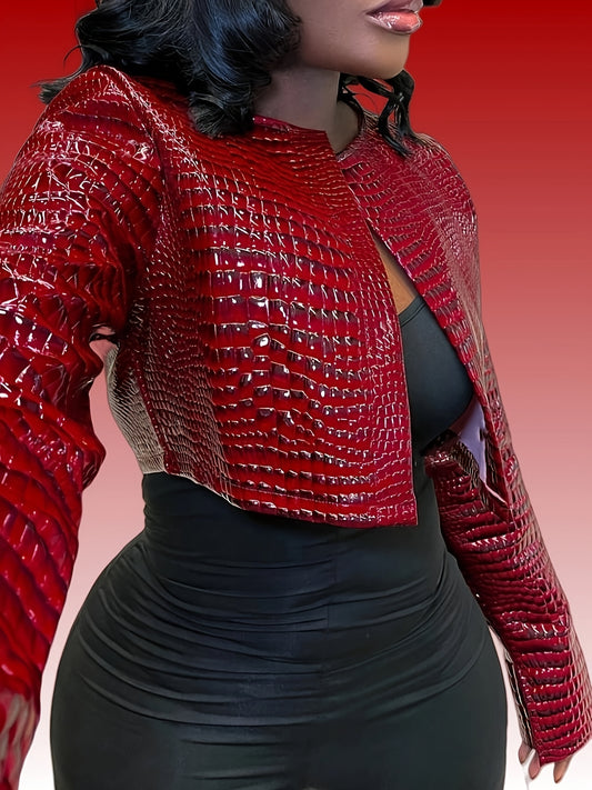 Women's Red Crocodile-Embossed PVC Casual Jacket - Long Sleeve Short Length, Crew Neck, Non-Stretch Regular Fit with Split Hem, Spring & Fall Outerwear for Casual Outings, Sophisticated Craft, Outdoor Fashion, Textured Finish