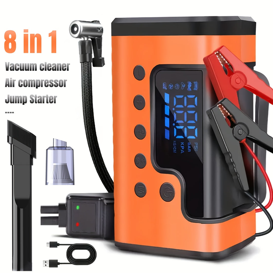 8-in-1 3000A Portable  Jump Starter with Air Compressor & Vacuum Cleaner - 12V 150Psi Tire Inflator, 5000PA  Vacuum, 37000mWh Rechargeable Battery, Digital Display, USB Charging, 2.64gal Gas/1.85gal Diesel Compatible,Insulate