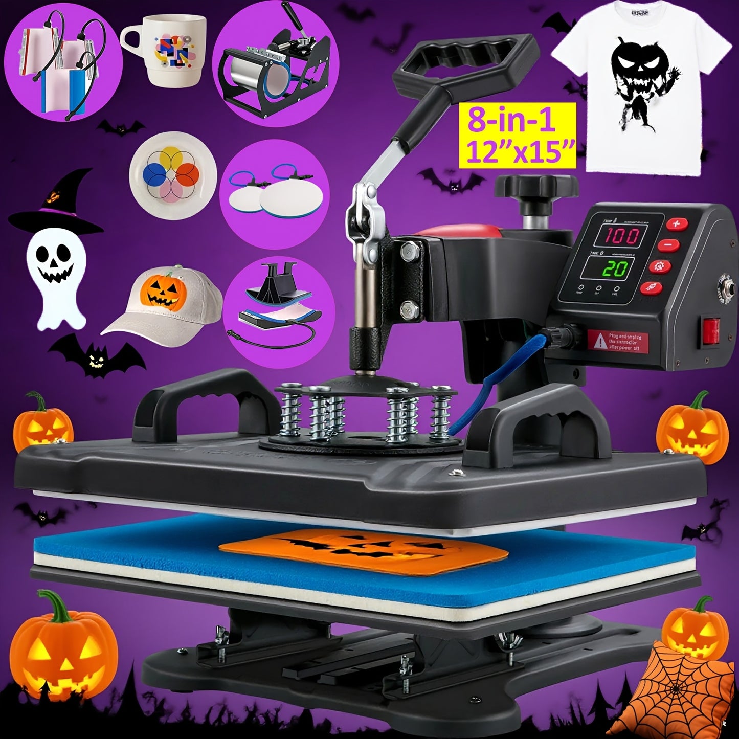 This Is a Versatile Heat Press Machine Combo Featuring an 8 in 1 And 5 in 1 Design, with Dimensions of 15"X15" And 15"X12". It Has a Rotatable Design And Is Suitable for Transferring Images Onto Various Items Such As T-Shirts