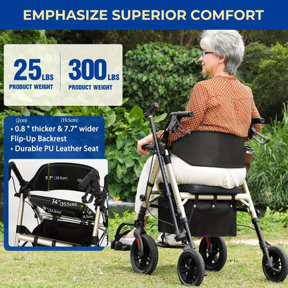Foldable Rollator Walker with Seat - Heavy-Duty 300 lb Capacity, Lightweight 2-in-1 Mobility Aid with Adjustable Height Seat & Handle, All-Terrain Wheels, Linear Brakes, Ergonomic Backrest & Cushioned Seat - Ideal for Seniors