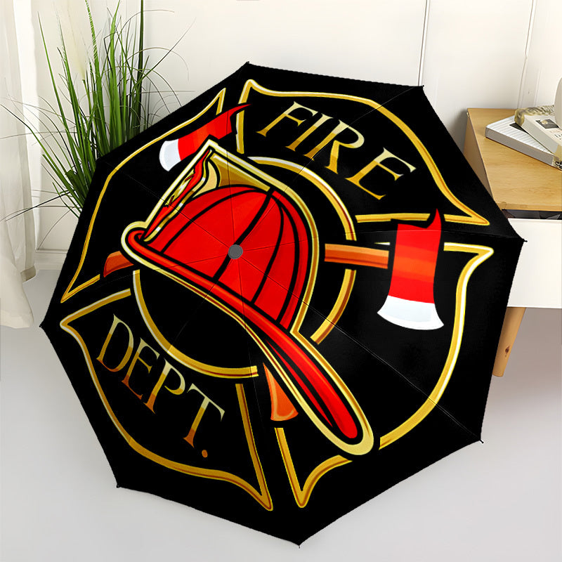 Automatic Opening/Closing Fire Dept Umbrella with Firefighter Badge Emblem (FD Badge) - 8-Rib Heavy-Duty Black & Firefighter Accessory, Portable All-Weather Umbrella for Emergency Services, & Fire Department Style