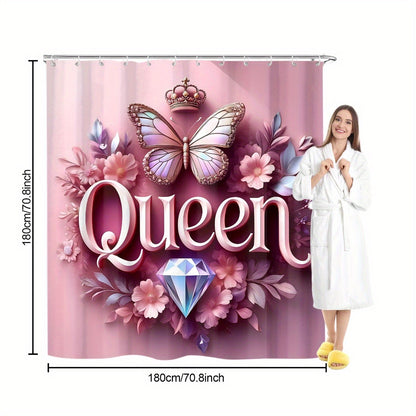 4pcs Queen Pattern Shower Curtain Set, Fashion Bathroom Curtain Set with 12 Hooks Included, Matching Anti Slip Mats & Toilet Covers, Modern Bathroom Accessories Ideal for Home Decor & Housewarming Gift
