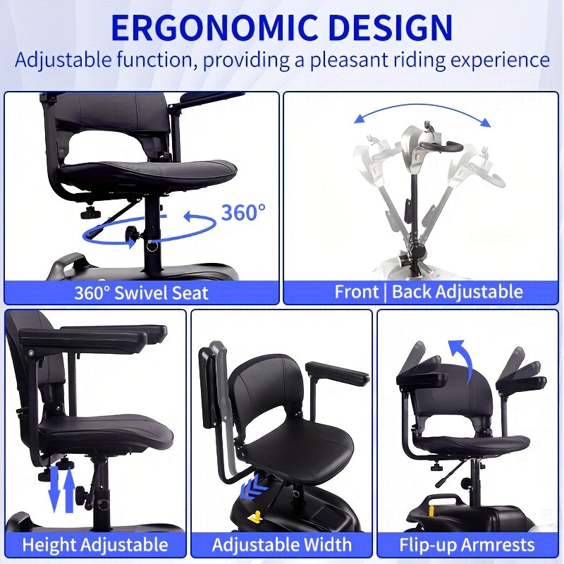 A Four-wheeled Foldable Electric Mobility Scooter For Seniors, It Has A 250W Motor, 24V Power System, 15-mile Range, Front LED Lights, Detachable Basket, Rotatable Seat, And Folds For Car Storage, The Perfect Choice For Daily