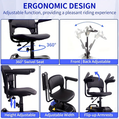 A Four-wheeled Foldable Electric Mobility Scooter For Seniors, It Has A 250W Motor, 24V Power System, 15-mile Range, Front LED Lights, Detachable Basket, Rotatable Seat, And Folds For Car Storage, The Perfect Choice For Daily
