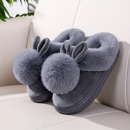 [Cozy House Shoes] 2025 New Autumn & Winter Single Ball Rabbit-Ear Design Warm Slippers for Men & Women - Couples' House Shoes with Thick Sole & Semi-Enclosed Back | Indoor/Outdoor Slides | Lightweight & Quiet Home Footwear |